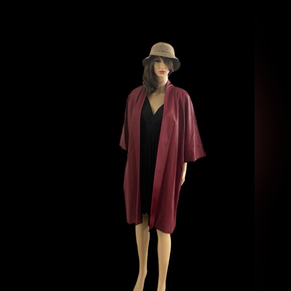 Natori Faux Leather Kimono Long Topper Cardigan Open Front Dark Red Jacket L New - Picture 1 of 9